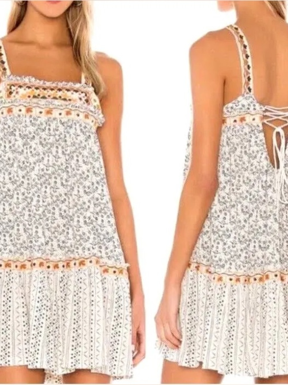 Free People Borderline Tank Dress Ivory Embroidered Boho  Size M
